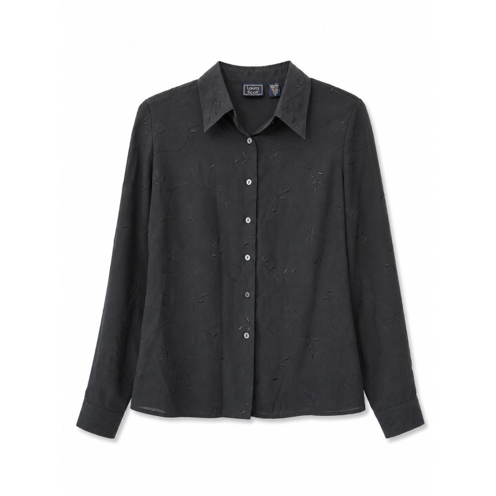 Laura Scott Womens Black Embroidered Button Down Blouse Top Size 8